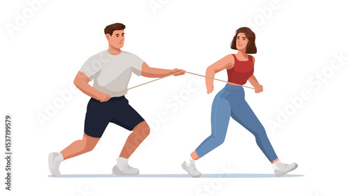 A vector illustration depicting a man pulling a woman with a rope against a solid white background.  Both figures are rendered in a simplified, cartoonish style with minimal detail and flat