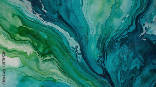 Abstract Liquid Marble Texture, Aqua and Emerald Artistic Flow
