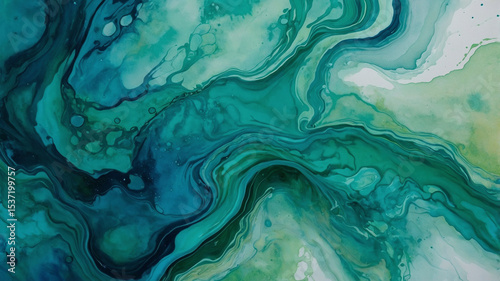 Teal and Turquoise Fluid Abstract Art with Swirling Paint Patterns
