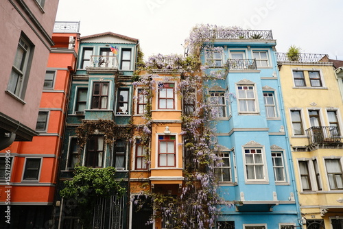 Fotografie Colorful historic buildings with blooming vines in urban setting during daylight