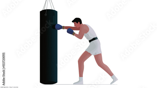 The image shows a man, likely a boxer, wearing white shorts, a white sleeveless shirt, and blue boxing gloves. He is depicted in a dynamic pose, delivering a punch to a tall