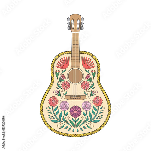 A beautifully decorated acoustic guitar with a natural wood finish, embellished with colorful floral and geometric patterns.