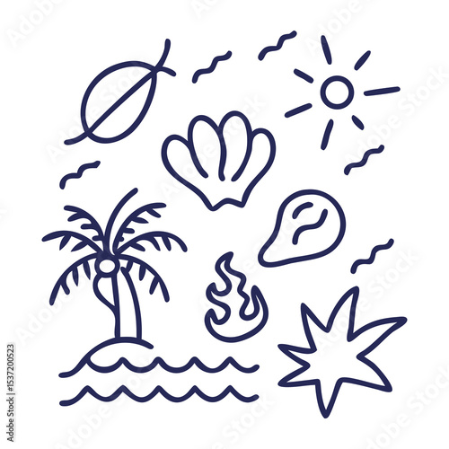 Set of vector sea animals and tropical beach icons in a summer holiday illustration design