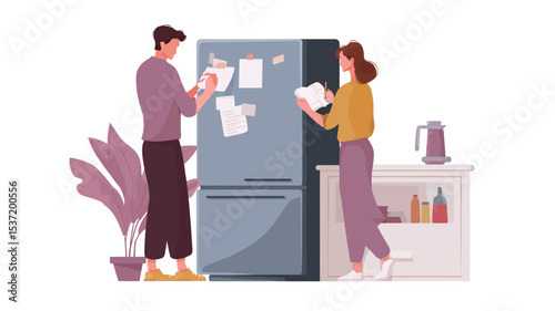 A vector illustration depicting a young couple standing side-by-side in a minimalist kitchen. They are both organizing papers and notes on a grey refrigerator door. The woman is on the right side