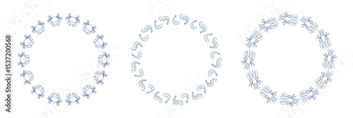 Set of round frames with hand drawn outline lobster, crab and shrimps. Design elements for menu, poster, banner, cover
