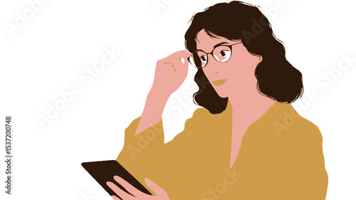 A vector illustration depicting a woman with shoulder-length brown hair, wearing a yellow jacket and glasses. She is holding a tablet in one hand and is adjusting her glasses with the other