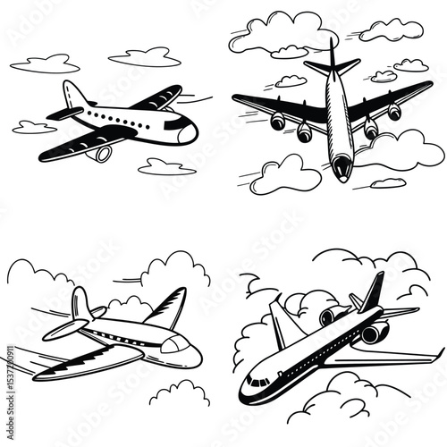 Black and White Cartoon Airplane Illustrations Set