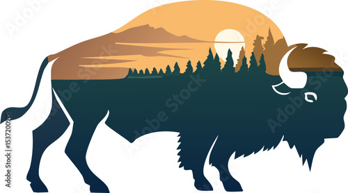 Double Exposure Bison Silhouette with Forest and Sunset – Wildlife and Nature Vector Art
