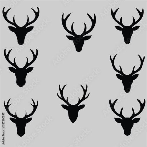 Set of deer silhouette illustrations featuring various stag and reindeer designs in black vector style