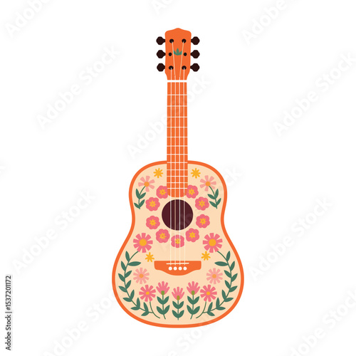 A charming acoustic guitar with a soft beige body, adorned with bright, whimsical floral designs.
