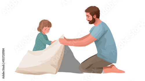 A digital illustration depicting a father and his young daughter playing together indoors. The style is a soft, painterly cartoon rendering. The father, who has short brown hair and a beard
