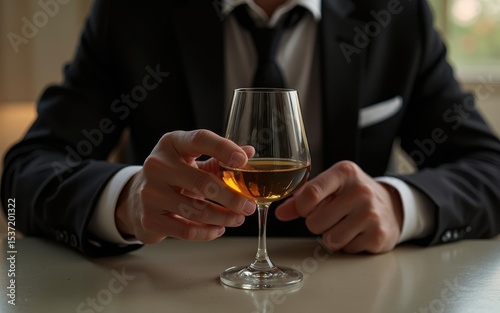 Close-up of a man in formal suit holding a glass of fino sherry 