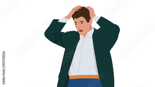 A minimalist vector illustration depicting a man with short brown hair wearing a dark green jacket and white shirt with blue pants, his hands grasping his head, expressing a look of extreme