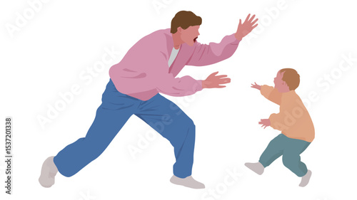 A vector illustration depicting a father and his toddler son engaging in playful interaction. The father, wearing a pink jacket and blue pants, is crouched in a dynamic pose, arms outstretched as