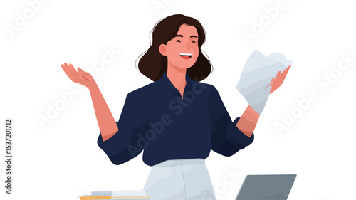 A digital illustration depicting a woman with shoulder-length brown hair, wearing a dark blue shirt and light beige skirt. She is smiling and holding papers in both hands, with her arms slightly