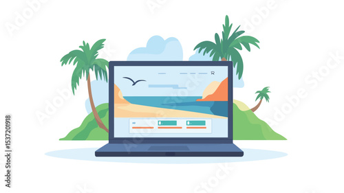 An illustration depicting a dark gray laptop computer displaying a website showcasing a tropical beach scene. The website features images of a sandy beach, clear ocean water, and palm trees.