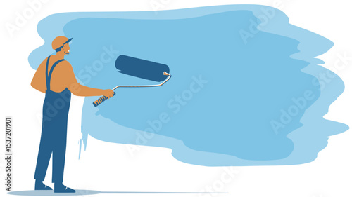The illustration depicts a simplified, cartoon-like figure of a painter wearing overalls and a hard hat. He is holding a paint roller and applying light blue paint to a large, irregularly shaped