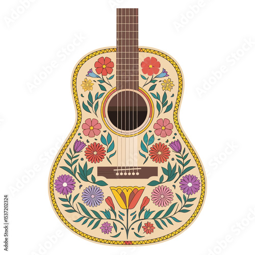 A beautifully decorated acoustic guitar with a natural wood finish, embellished with colorful floral and geometric patterns.
