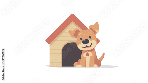 A digital illustration depicting a cute cartoon dog sitting in front of its dog house.  The dog is light brown with simple features,  and the dog house is light beige with a red roof. 