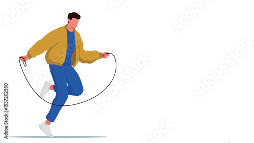 A vector illustration depicting a stylized male figure in a yellow jacket and blue pants jumping rope. The figure is mid-jump, with the rope arcing around him. The style is simple and minimalist,