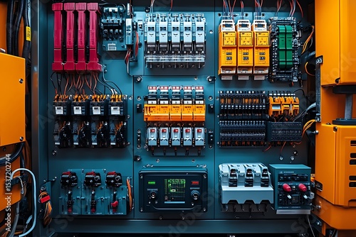 Detailed view of a modern industrial electrical panel with wiring and circuit breakers