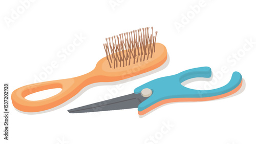 Close-up studio shot against a white background of a small orange plastic hairbrush with short bristles and a pair of small, light blue plastic children's scissors.  The objects are positioned