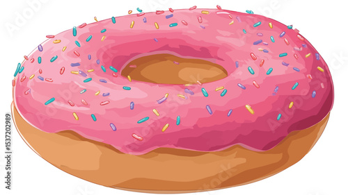 A close-up, high-angle view of a single pink donut.  The donut has a light tan colored base and is generously covered in pink icing and multicolored sprinkles. The image is well-lit