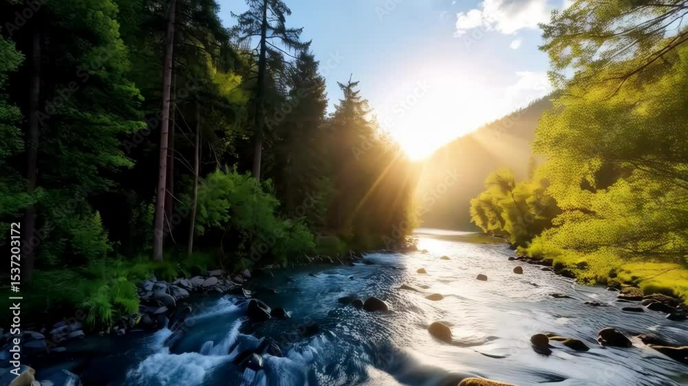 Sunlight streams across a mountain river flowing through lush green forest, highlighting the rocks and trees in a serene landscape, early morning.
