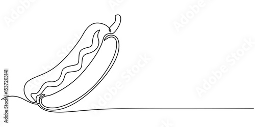 Continuous one line drawing of delicious hot dog. Minimal style. Perfect for cards, party invitations, posters, stickers, clothing. Food concept, Hot dog with mustard. Sausage in a bun. Unhealthy food