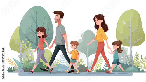 A digital illustration depicting a family of four �?two parents and two children �?walking hand-in-hand along a path in a park. The style is cartoonish or vector-based with a flat design aesthetic.