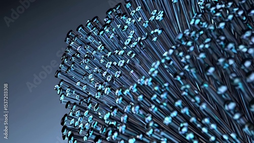 Glowing fiber optic cable rotating against deep blue background, representing digital data transmission and advanced network connectivity through modern optical technology