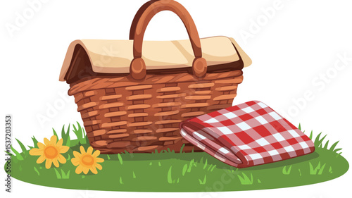 A digital illustration depicting a brown wicker picnic basket with a beige lid and a brown leather handle. Beside it is a folded red and white checkered picnic blanket.  Both items rest on a patch