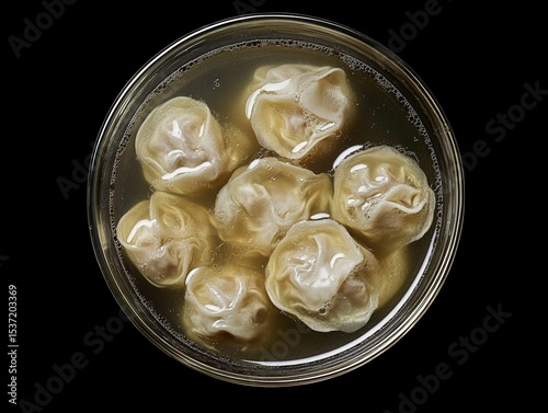  chinese wonton soup with handmade dumplings floating in savory broth