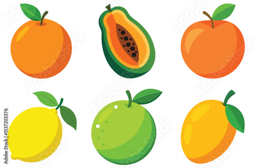 Collection of six colorful flat fruit illustrations