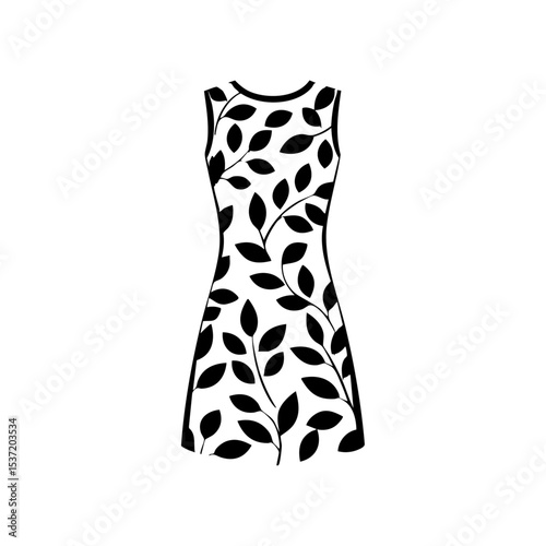 Black vector icon of a sleeveless dress decorated with botanical leaf print.

