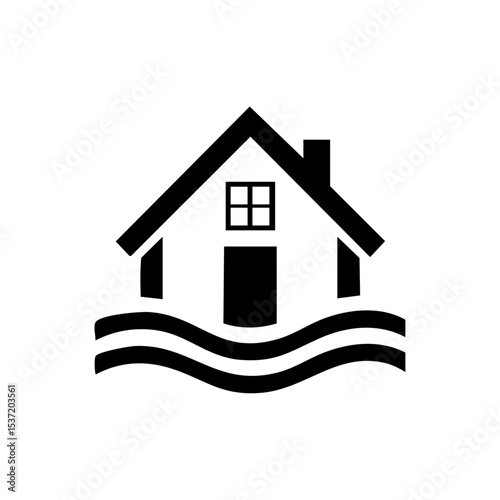 Minimalist icon of a house partially submerged by flood water, symbolizing natural disaster risk.

