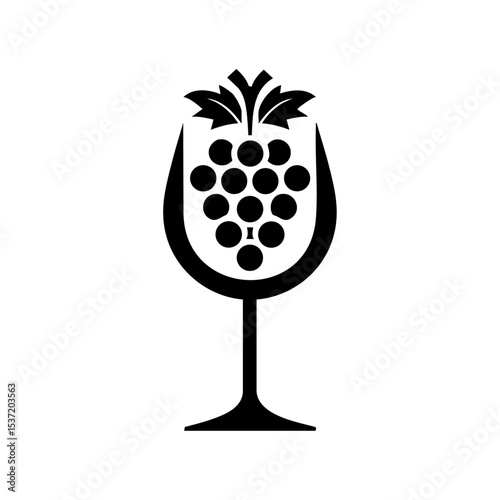 Elegant black vector icon of a wine glass filled with grape cluster, symbolizing wine culture.

