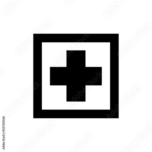 Minimalist first aid symbol – black cross in square frame vector icon.

