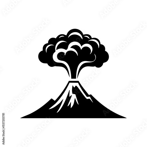 Vector logo of a volcano eruption with a massive ash cloud, minimalist black on white.

