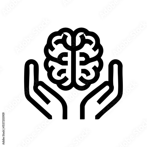 Minimalist black outline of hands gently holding a stylized brain symbol. Clean vector logo representing cognitive care, mental support, or therapy.



