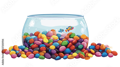 A digital illustration depicting a clear glass bowl overflowing with small, multicolored candies.  The candies are oval and round shapes in a variety of bright colors including red, orange, yellow,