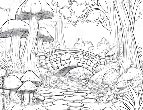 Enchanted mushroom forest with thick lines and bridges, adult coloring artwork