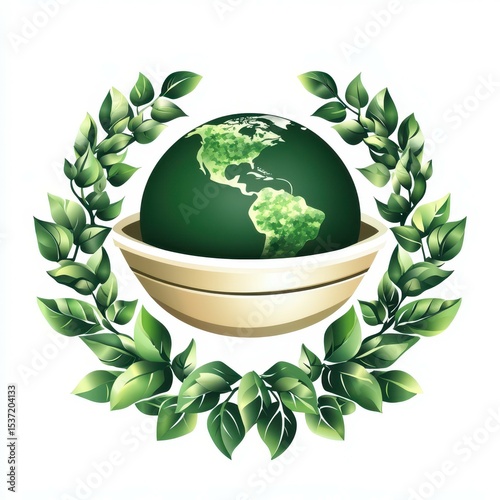 Symbol of a sustainable future with a green globe surrounded by leaves representing environmental awareness and conservation efforts