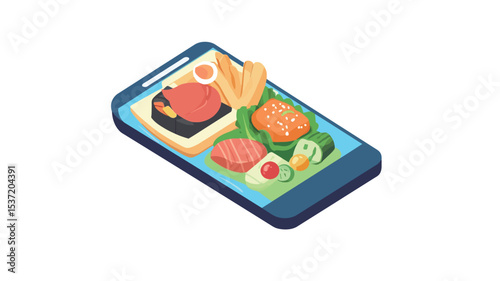 Isometric illustration depicting a smartphone screen displaying a variety of food items, suggesting an online food ordering or delivery app. The food includes steak, salmon, sushi, vegetables