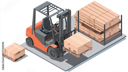 Isometric illustration of an orange forklift moving a pallet of cardboard boxes in a warehouse setting.  The forklift is depicted from a slightly elevated three-quarter perspective. Additional
