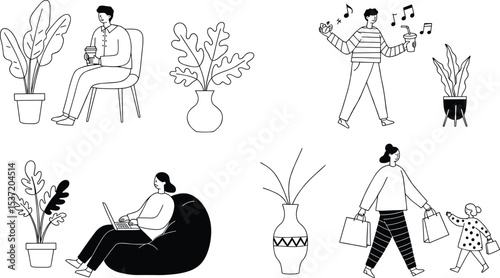 Lifestyle illustration set, people with coffee, laptop, shopping, music, relaxing at home, indoor plants decor, modern characters, daily routine, minimalist line drawing vector