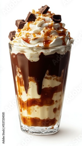 Delicious dessert with layers of chocolate, caramel, whipped cream, and topped with chocolate pieces on a bright background