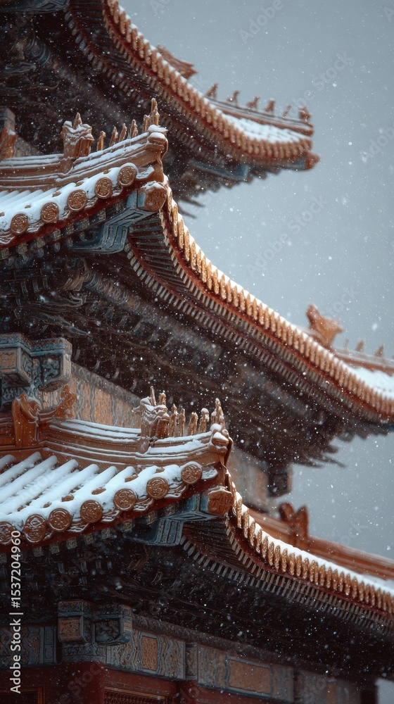 Fototapeta premium Traditional Chinese Architecture Under Snowfall