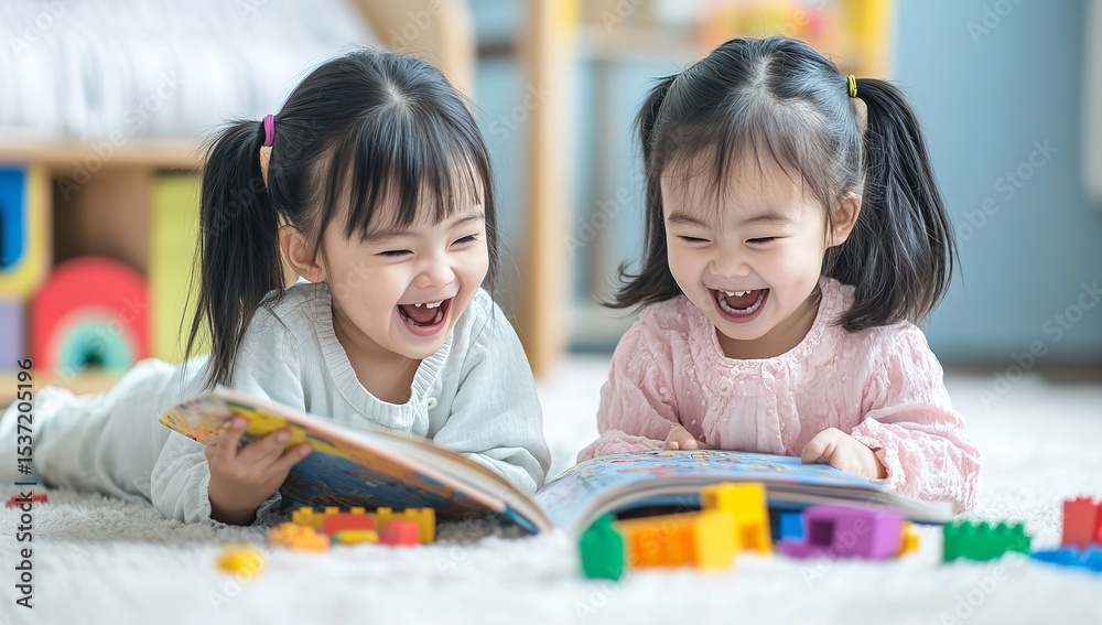 Two Asian Girls Reading Storybook Together in Sunny Playroom – Happy Childhood Moments in Warm Natural Light Two Asian Girls Reading Storybook Together in Sunny Playroom – Happy Childhood Moments in Warm Natural Light