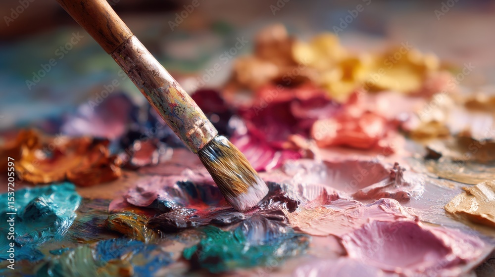 Obraz premium Artist's Paintbrush Mixing Colors on a Palette